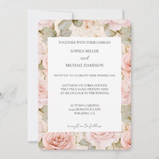 Romantic Cream Blush Pink Rose Floral Wedding 招待状 (正面)
