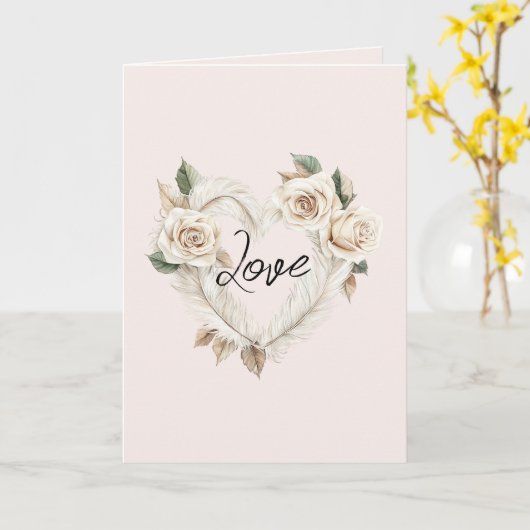 Romantic Cream Blush Roses Feathers Floral Heart カード (黄色い花)