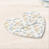 Romantic Cream Floral Blue Leaves ペーパーコースター (アングル)