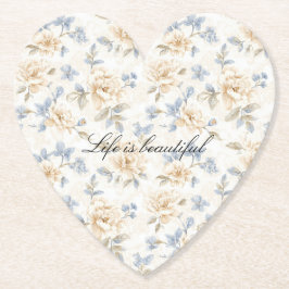 Romantic Cream Floral Blue Leaves ペーパーコースター