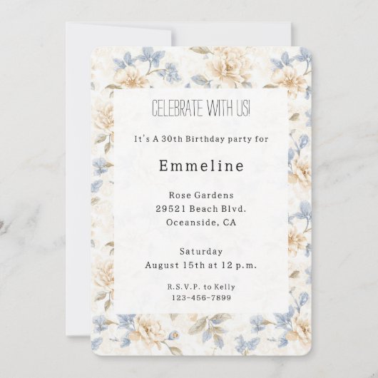 Romantic Cream Floral Blue Leaves Birthday 招待状 (正面)
