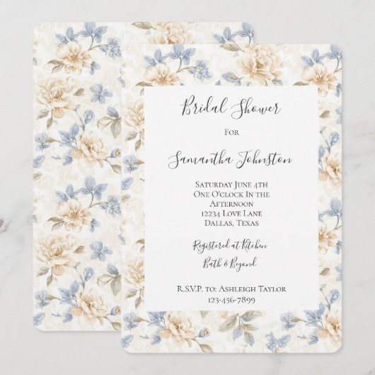 Romantic Cream Floral Blue Leaves Bridal Shower 招待状 (正面/裏面)
