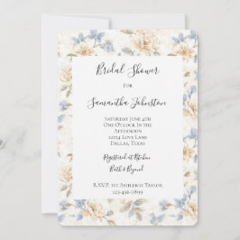 Romantic Cream Floral Blue Leaves Bridal Shower 招待状
