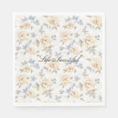 Romantic Cream Floral Blue Leaves Wedding スタンダードランチョンナプキン (正面)
