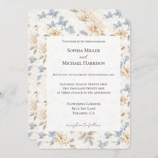 Romantic Cream Floral Blue Leaves Wedding 招待状 (正面/裏面)
