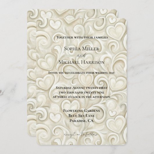 Romantic Cream Hearts Swirls Wedding 招待状 (正面/裏面)