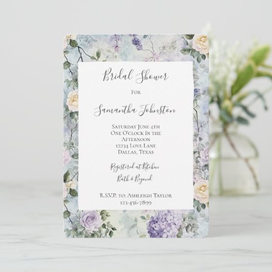 Romantic Cream purple flowers Bridal Shower 招待状 (スタンド正面)