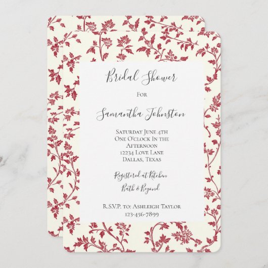 Romantic Cream Red Leaves Bridal Shower 招待状 (正面/裏面)