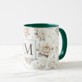 Romantic Cream Rose Floral Monogram マグカップ (正面右)