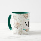 Romantic Cream Rose Floral Monogram マグカップ (正面左)