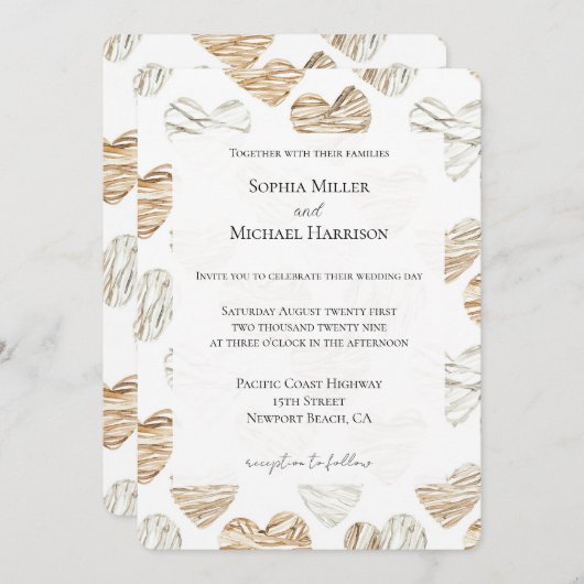 Romantic Cream White Hearts Wedding 招待状 (正面/裏面)