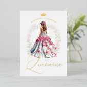 Romantic Crown Spanish Quinceañera Doll in  Pink  箔招待状 (立ち正面)