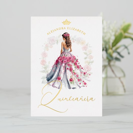 Romantic Crown Spanish Quinceañera Doll in  Pink  箔招待状 (立ち正面)