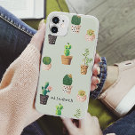 Romantic Cute succulent cactus add your name iPhone 11 ケース<br><div class="desc">Dress your new phone with this Romantic Cute succulent cactus on mint background pattern.
Hand drawn illustration in watercolor tones of green,  pink and brown. 
Add your name using the template</div>