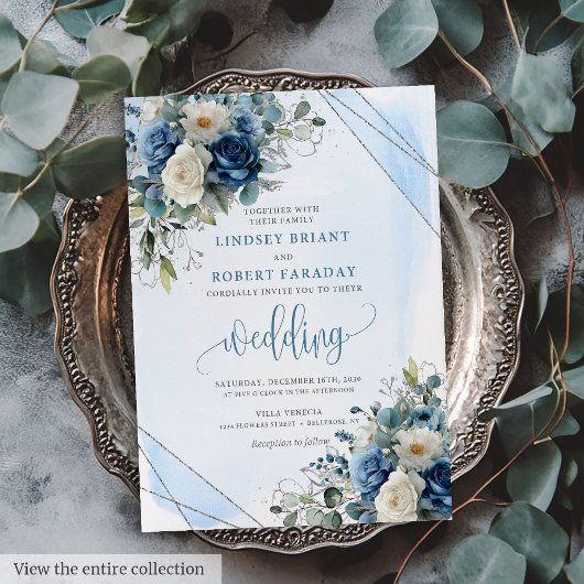 Romantic Dark Blue Silver Roses Wedding Invitation 招待状