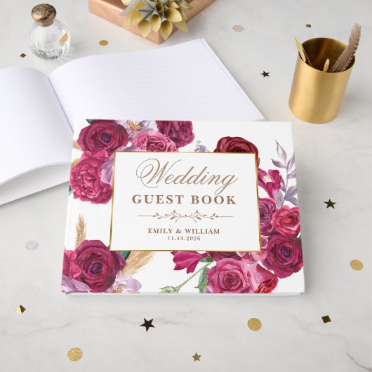 Romantic Dark Moody Burgundy Maroon Floral Wedding ゲストブック (正面見開き)