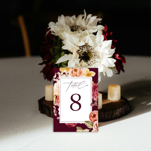 Romantic Deep Burgundy Floral  Bridal Shower  テーブルナンバー