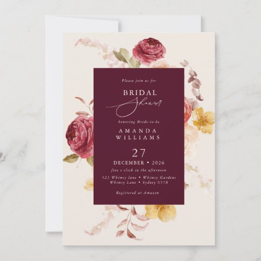 Romantic Deep Burgundy Floral Bridal Shower 招待状 (正面)