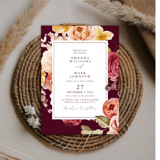 Romantic Deep Burgundy Floral Elegant Wedding  招待状