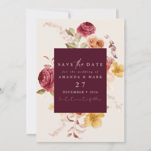 Romantic Deep Burgundy Floral Save the date  招待状 (正面)