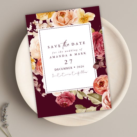 Romantic Deep Burgundy Floral Save the date 招待状