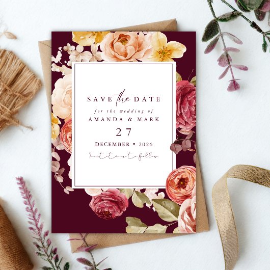 Romantic Deep Burgundy Floral Save the date   招待状