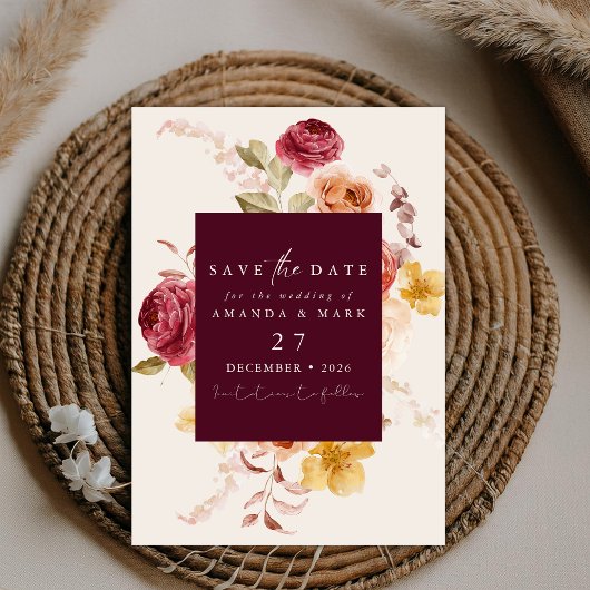 Romantic Deep Burgundy Floral Save the date  招待状