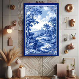 Romantic Deep French Blue Toile Landscape Elegance メタルプリント