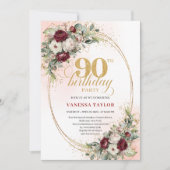 Romantic Deep Red Floral Gold 90th Birthday Invite 招待状 (正面)