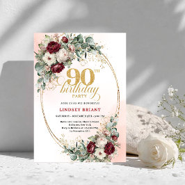 Romantic Deep Red Floral Gold 90th Birthday Invite 招待状