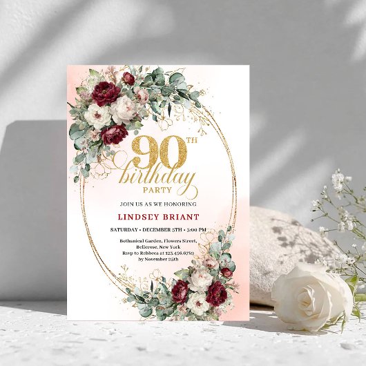 Romantic Deep Red Floral Gold 90th Birthday Invite 招待状