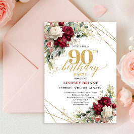 Romantic Deep Red Gold Floral 90th Birthday Invite 招待状
