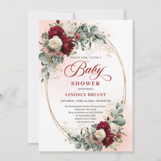 Romantic Deep Red Peony Baby Shower Invitation 招待状 (正面)