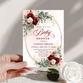 Romantic Deep Red Peony Baby Shower Invitation 招待状