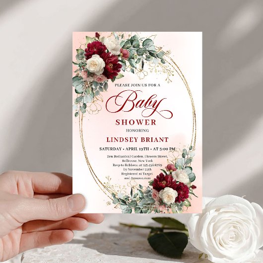 Romantic Deep Red Peony Baby Shower Invitation 招待状