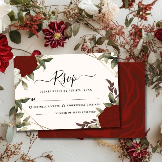 Romantic deep red rose floral Winter Wedding 出欠カード
