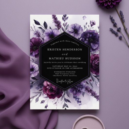  Romantic Digital Purple Floral Wedding 招待状