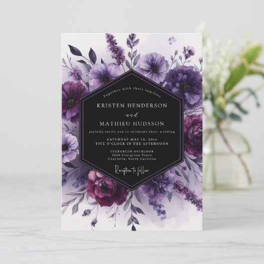  Romantic Digital Purple Floral Wedding 招待状 (スタンド正面)