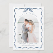 Romantic Doodle Coquette Bow Blue Wedding Photo サンキューカード (正面)