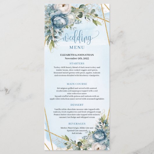 Romantic Dusty Blue Eucalyptus Leaves Wedding Menu メニュー (正面)