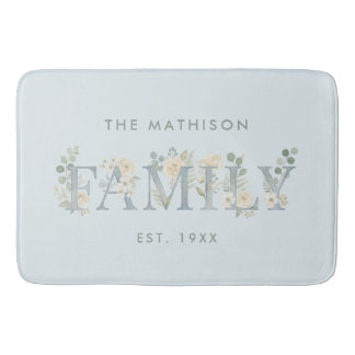 Romantic Dusty Blue Floral Family Monogram バスマット
