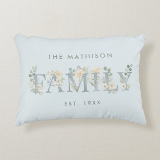 Romantic Dusty Blue Floral Family Monogram MH26 アクセントクッション