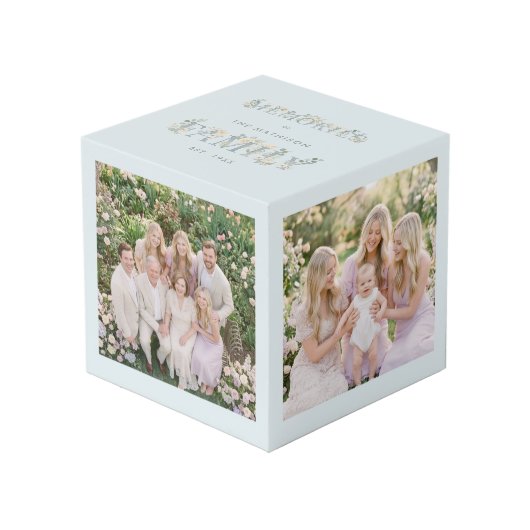 Romantic Dusty Blue Floral Family Monogram MH26 フォトキューブ (正面アングル)