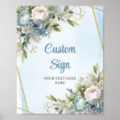 Romantic Dusty Blue Floral Gold Frame Wedding Sign ポスター (正面)