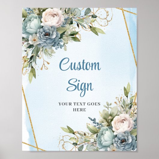 Romantic Dusty Blue Floral Gold Frame Wedding Sign ポスター (正面)