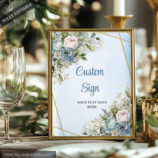 Romantic Dusty Blue Floral Gold Frame Wedding Sign ポスター