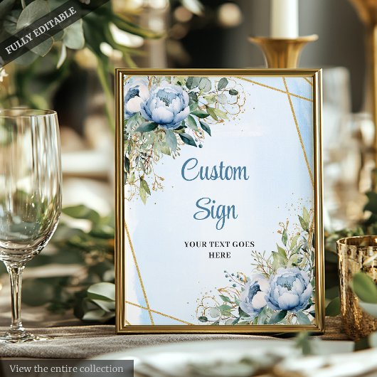 Romantic Dusty Blue Floral Gold Frame Wedding Sign ポスター