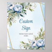 Romantic Dusty Blue Floral Gold Frame Wedding Sign ポスター (正面)
