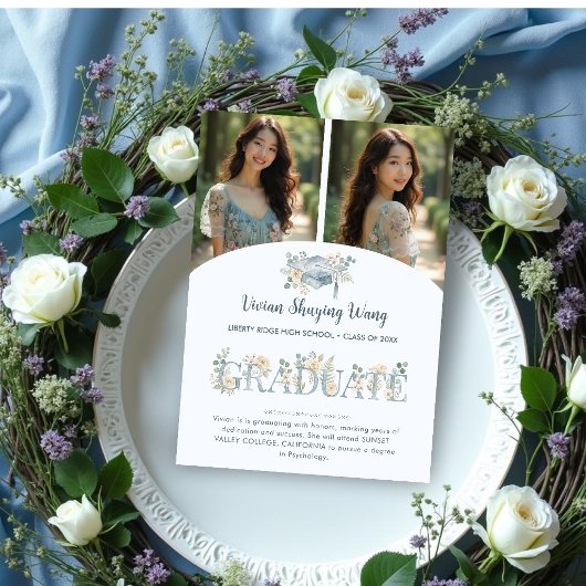 Romantic Dusty Blue Floral Grad 2 Photo Collage 案内状