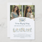 Romantic Dusty Blue Floral Grad 2 Photo Collage 案内状 (正面)